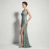 Women Evening Dress Halter Neck Sequin High Slit Slim Fit Party Gown