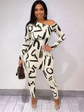 Women Black White Two Piece Set Print Off Shoulder Top Tight Pants Outfit