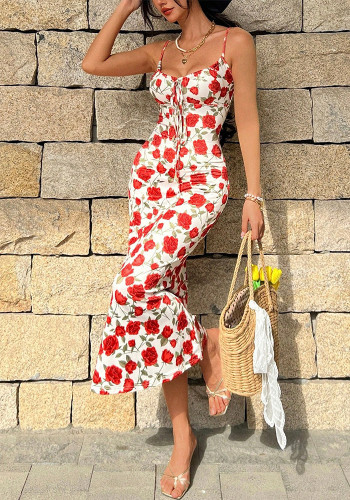 Women Summer Beach Holiday Tie Floral Tube Top Strap Dress