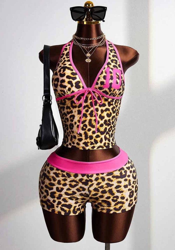 Women Color Block Sexy Leopard Print V Neck Backless Halter Neck Lace-Up Tank Top & Shorts Two Piece Set