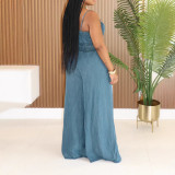 Women Strapless Top & Denim Wide Leg Pants Two Piece Set