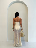Women Summer Holiday Strapless Hollow Out Sexy Knitting Dress Two Piece Set