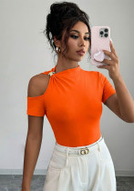 Women Spring & Summer Metal Button Off Shoulder T-Shirt Top Women Spring & Summer Metal Button Off Shoulder T-Shirt Top