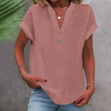 Women Summer Stand Collar Button Down Short Sleeve Shirt
