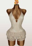 Women Sexy Stretchy Lace-Up Backless Lace Trim Patchwork Jumpsuit