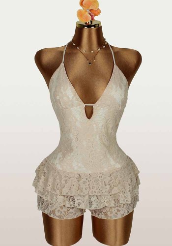 Women Sexy Stretchy Lace-Up Backless Lace Trim Patchwork Jumpsuit