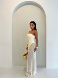 Women Summer Holiday Strapless Hollow Out Sexy Knitting Dress Two Piece Set