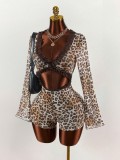 Women Sexy Lace Trim Patchwork Leopard Print Mesh Hollow Out Jumpsuit