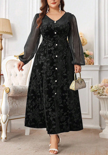 Plus Size Women V Neck French Velvet Patchwork Dress