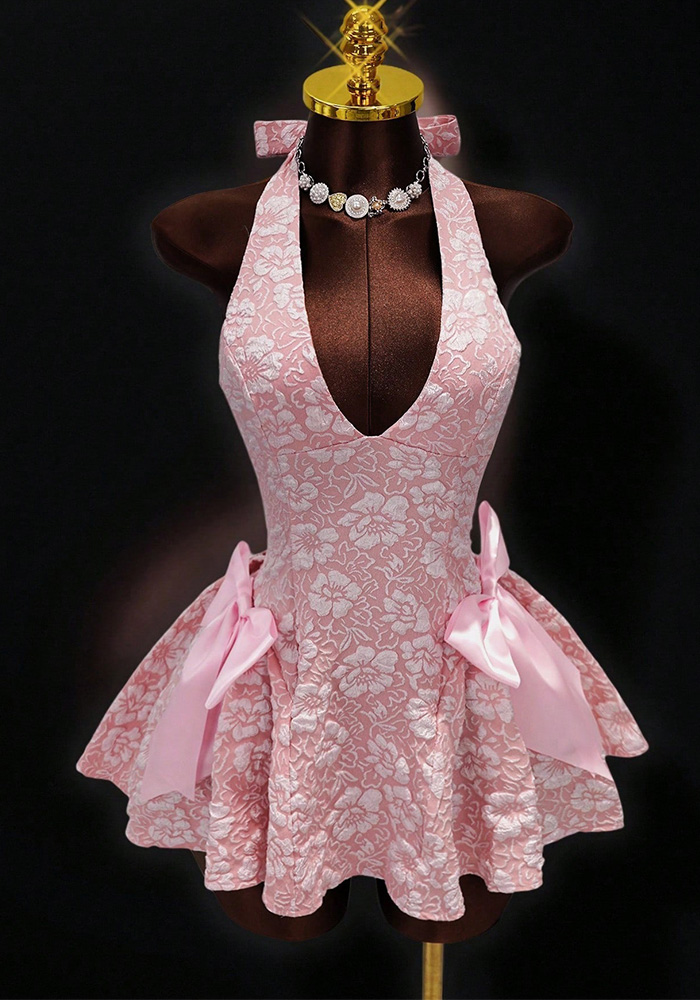 Jacquard V-Neck Sleeveless Halter Dress for Evening Events