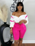 Women Color Block Patchwork Drawstring Long Sleeve Coat & Stretchy Shorts Two Piece Set