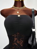 Women Strapless Sleeveless Sexy Lace Patchwork Hollow Out Bodycon Dress