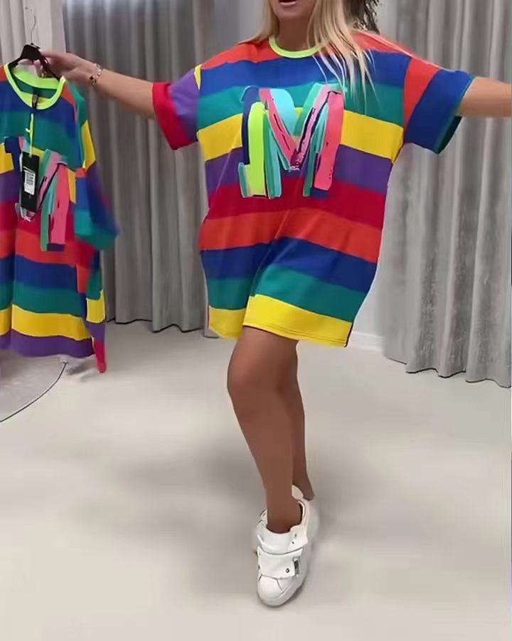 Rainbow Striped Short-Sleeve T-Shirt Dress for Summer