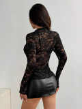Women Sexy Lace See-Through Hollow Out Long Sleeve Top