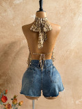 Women Leopard Print Sexy Halter Neck Lace-Up Irregular Backless Mesh Top