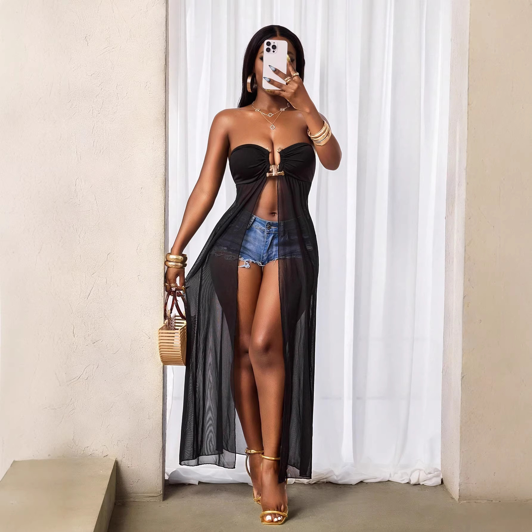 Strapless Hollow-Out See-Through Mesh Dress for Summer Nights