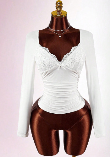 Women Stretchy V Necklace Patchwork Long Sleeve Top