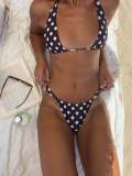 Women Polka Dot Print Halter Neck Backless Sexy Lace-Up Two Piece Swimsuit