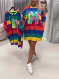 Plus Size Women Summer Rainbow Striped Short Sleeve T-Shirt Dress