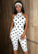 Women Polka Dot Print Hairband Halter Neck Lace-Up Backless Capri Jumpsuit