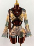 Women Sexy Lace Trim Patchwork Leopard Print Mesh Hollow Out Jumpsuit