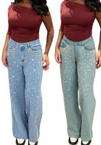 Women Spring & Summer Washed Beaded & Rhinestone Denim Pants Women Spring & Summer Washed Beaded & Rhinestone Denim Pants