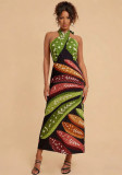 Women Summer Print Cross Backless Dress