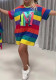 Plus Size Women Summer Rainbow Striped Short Sleeve T-Shirt Dress