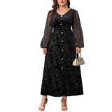 Plus Size Women V Neck French Velvet Patchwork Dress