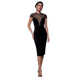 Women Mesh Sequin V Neck Bodycon Bandage Dress