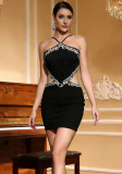 Women Black Backless Halter Neck Tie Hollow Out Rhinestone Bandage Evening Dress