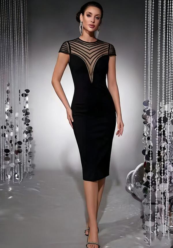 Women Mesh Sequin V Neck Bodycon Bandage Dress
