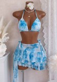 Women Color Block Sexy Casual Hot Holiday Lace-Up Three Piece Swimsuit