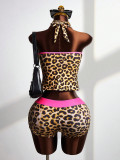 Women Color Block Sexy Leopard Print V Neck Backless Halter Neck Lace-Up Tank Top & Shorts Two Piece Set