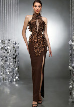 Women Floral Sexy Backless Dark Brown Bandage Evening Dress Women Floral Sexy Backless Dark Brown Bandage Evening Dress