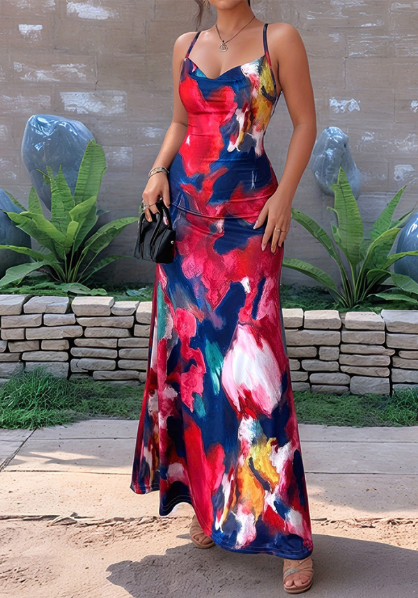Women Summer Sexy Backless Cross Strap Print Strap Dress