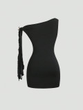 Women Sexy Slash Shoulder Strap Metallic Bodycon Dress
