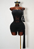 Women Strapless Sleeveless Sexy Lace Patchwork Hollow Out Bodycon Dress
