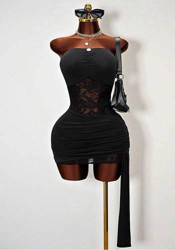 Women Strapless Sleeveless Sexy Lace Patchwork Hollow Out Bodycon Dress