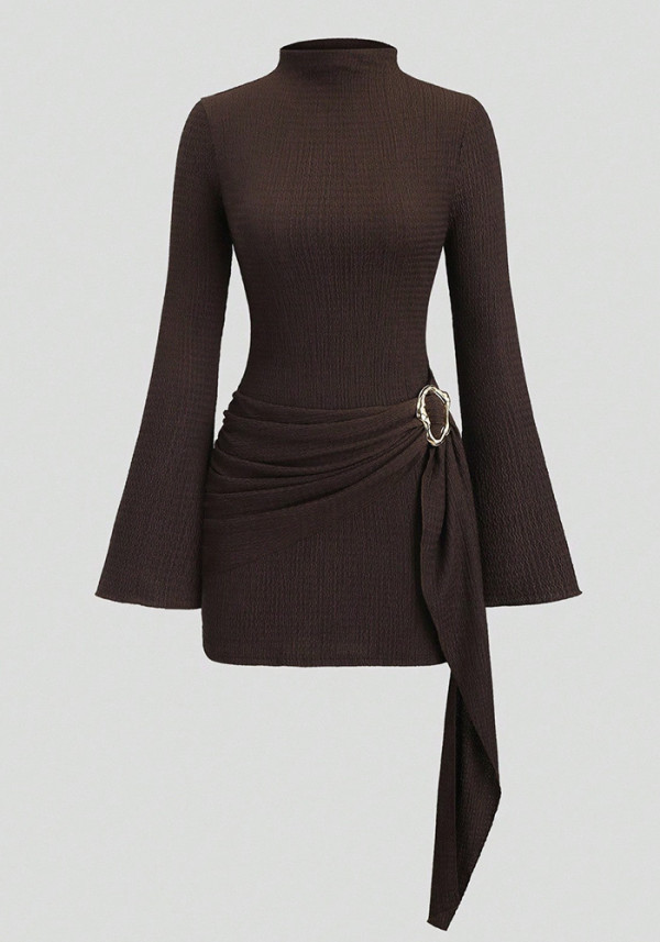 Women Metallic Mock Neck Strap Bodycon Dress