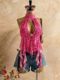 Women Leopard Print Sexy Halter Neck Lace-Up Irregular Backless Mesh Top