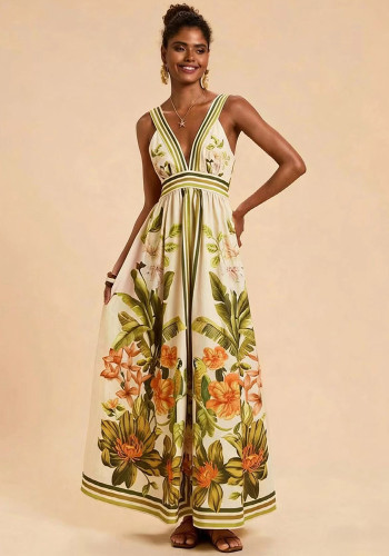Women Summer V Neck Print Dress