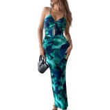 Women Summer Matching Print V Neck Sexy Dress