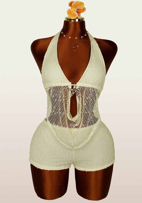 Women Halter Neck Backless Lace-Up Sexy Tank Top & Shorts Two Piece Set