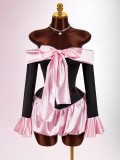 Women Color Block Bow Bell Sleeve Patchwork Off Shoulder Top & Skirt Two Piece Set