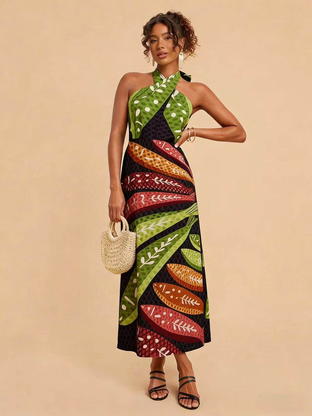 Printed Cross Backless Dress for Summer Beach Vacations