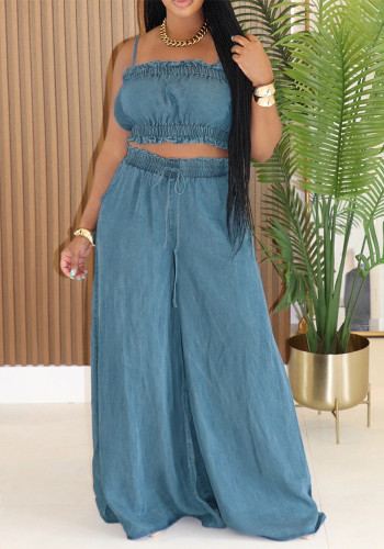 Women Strapless Top & Denim Wide Leg Pants Two Piece Set