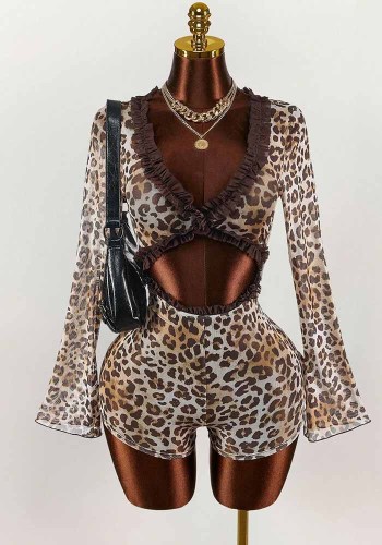 Women Sexy Lace Trim Patchwork Leopard Print Mesh Hollow Out Jumpsuit