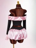 Women Color Block Bow Bell Sleeve Patchwork Off Shoulder Top & Skirt Two Piece Set