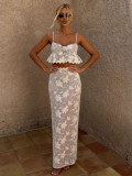 Women Holiday Lace Embroidery See-Through Two Piece Set